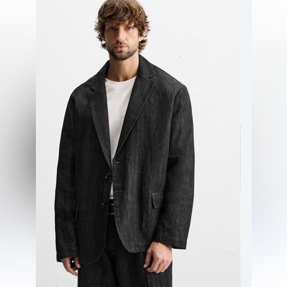 NET Zara Linen-Cotton Denim Blazer in Dark Navy Size L